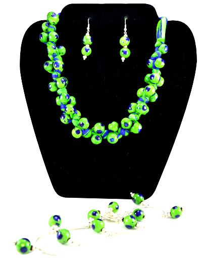 Blue Pottery Necklace set (Green beads)